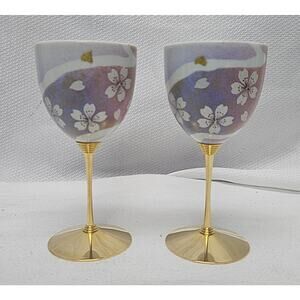 Pair Of Kutani Japanese Porcelain Wine Goblets Brass Stems Hand Painted